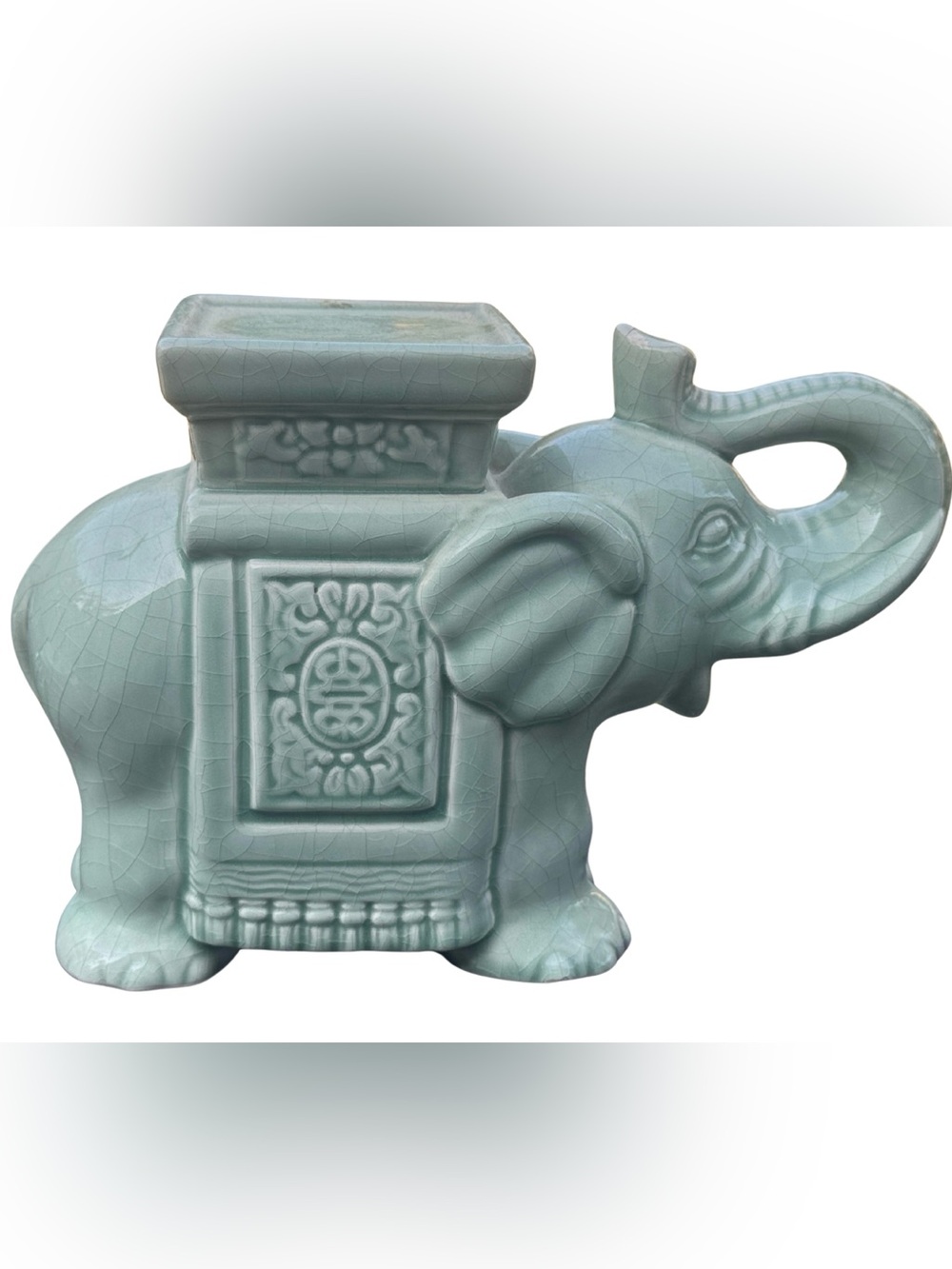 Vintage 90’s Enesco Pale Celadon Crackled Elephant Plant Holder